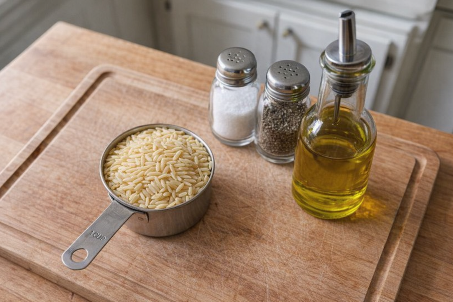 A top-down shot of uncooked orzo in a measuring cup, salt and pepper shakers, and a bottle of olive oil on a wooden cutting board, bright kitchen lighting